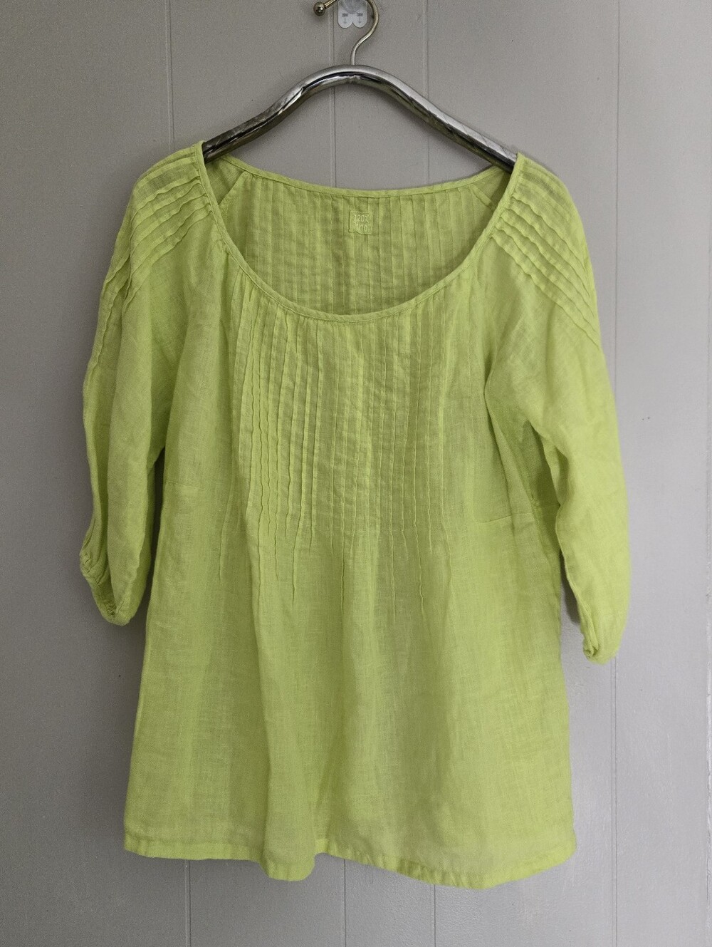 120% Lino Chartreuse Green Linen Blouse Top Pinch Pleating Breezy Summer 48 XL